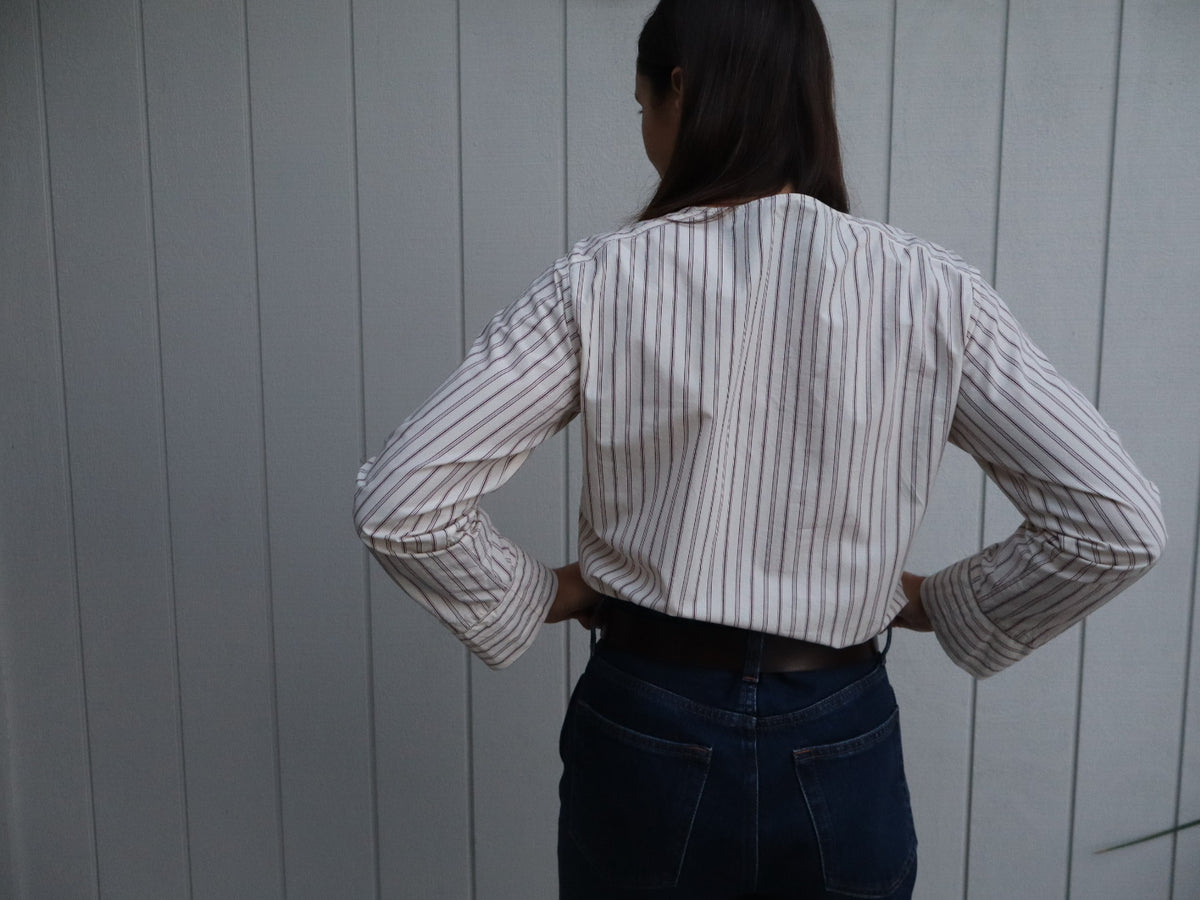 The Celeste shirt by Laurie Milligan. 100% cotton stripe shirt made in New Zealand back detail.  