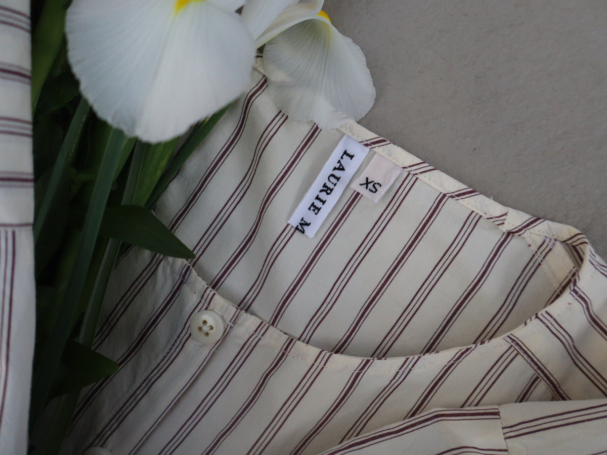 Close up of collar detail on the Celeste shirt by Laurie Milligan. 100% cotton stripe shirt made in New Zealand. 
