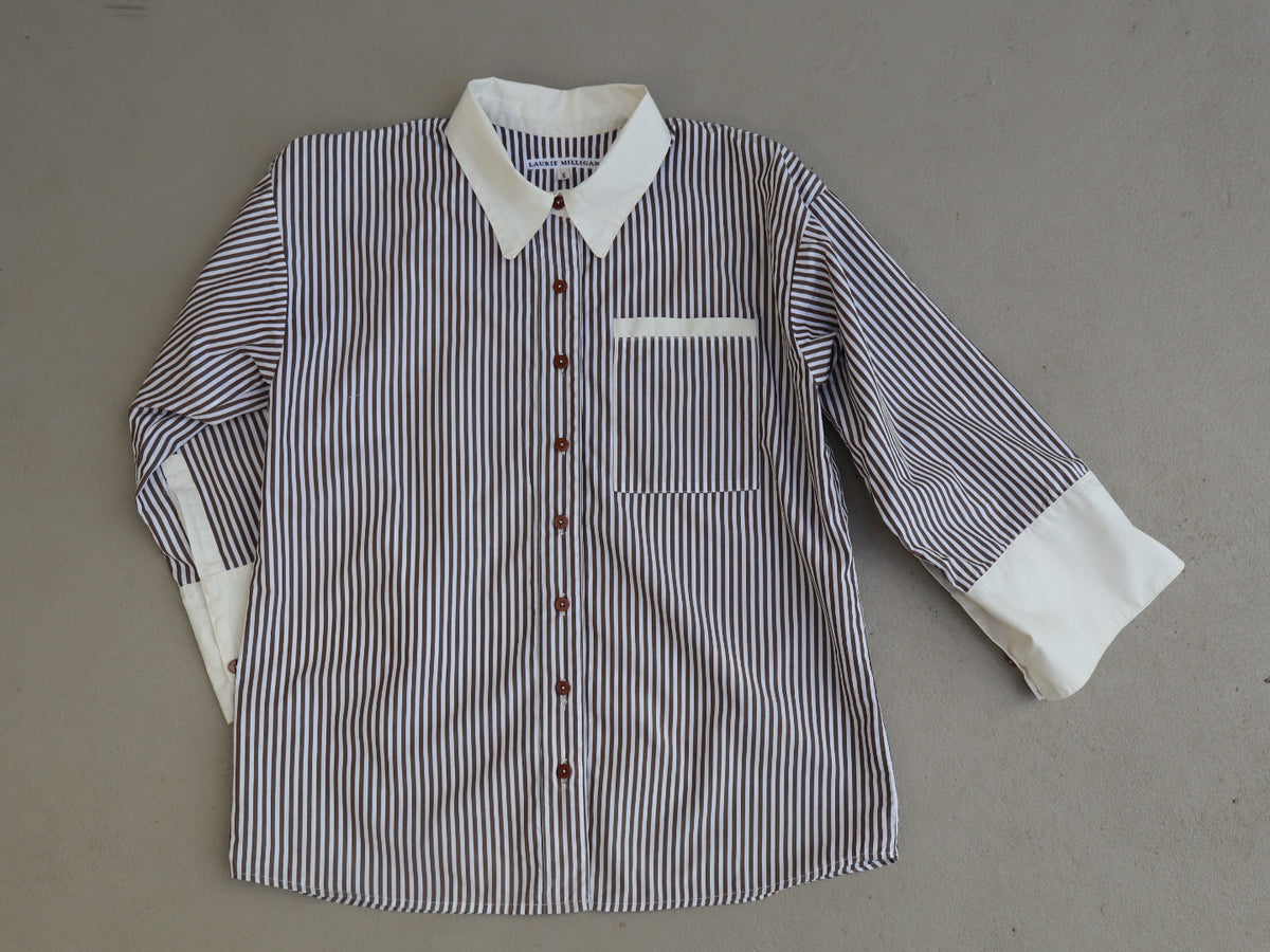 Brown and white stripe cotton shirt with white organic cotton contrast cuffs and collar. 